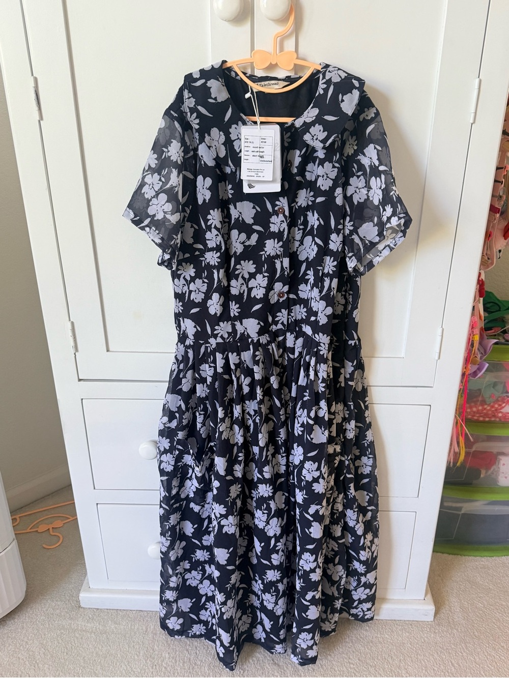 Black Floral Midi Dress with Short Sleeves